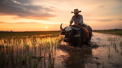 Farmer riding a water buffalo through a rice field at sunset, showcasing traditional farming methods and a serene rural landscape.