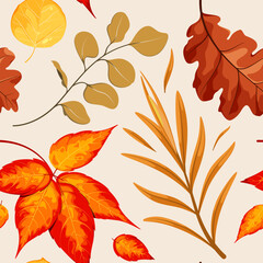 Seamless pattern with different autumn leaves. Vector illustration.
