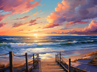 Awesome Wooden and metal bridge road or pontoon leading to bright orange sunset