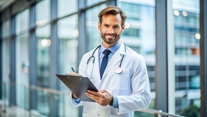 A professional healthcare provider in a white coat stands confidently, holding a clipboard with a patient's medical chart, exuding expertise and care.