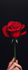 A stunning close-up of a single red rose held by a hand against a black background, symbolizing love, passion, and elegance.