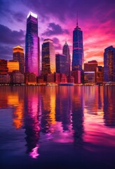 Obraz premium stunning city skyline dusk featuring vibrant colors bright illuminations twilight sky, lights, buildings, urban, architecture, horizon, night, scenery, view