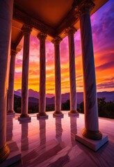 Fototapeta premium majestic columns framing breathtaking sunset vibrant colors dramatic skies, view, landscape, light, evening, clouds, orange, yellow, red, blue, pink
