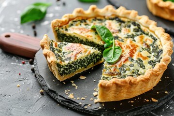 Closeup of spinach pie pieces on table