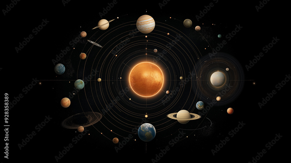 Wall mural a bird's-eye view of the solar system, with the sun at its center and the other planets orbiting it.