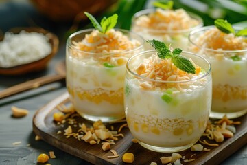 Coconut pudding with water chestnut or corn topping from Thailand