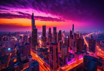 Fototapeta premium vibrant city skyline sunset glowing bright lights displaying lively urban landscape, buildings, horizon, evening, architecture, scenery, colors, illumination
