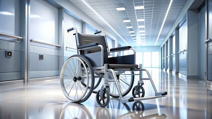 A silver foldable wheelchair with black armrests and footrests sits empty in a modern hospital corridor with bright fluorescent lights and polished floors.