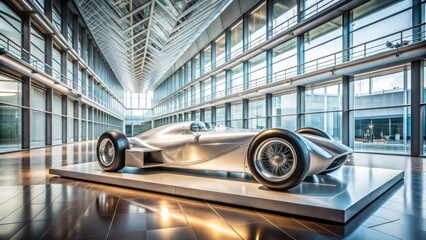 Obraz premium A sleek, silver racing car is displayed on a pedestal in a modern museum, surrounded by glass walls and sleek architecture.