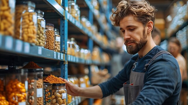 A scene of volunteers organizing donated food items on shelves in a food bank, with the background showing a well-stocked pantry and people working together.