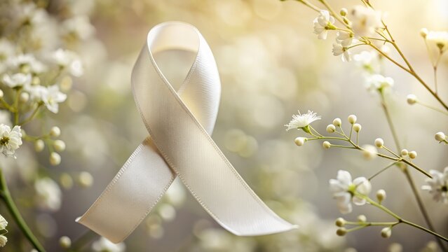 A soft focus image of a white sarcoma awareness ribbon gently wrapped around a delicate stem, symbolizing hope and support for cancer patients. - Powered by Adobe