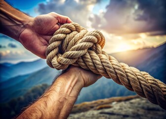 A sturdy hand firmly grips a rope, symbolizing rescue, support, and determination, with a second hand reaching in to offer a helping gesture in a powerful display of unity.