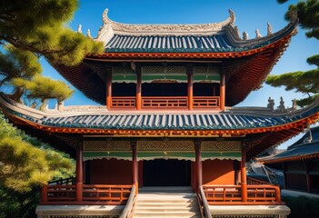 Naklejka premium intricate design elements showcasing unique architecture aesthetics classic pagoda roof layered eaves decorative finials, layers, structure, craftsmanship