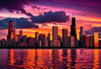 Fototapeta premium stunning chicago skyline sunset dramatic clouds casting vibrant colors over cityscape, architecture, evening, view, horizon, dusk, urban, landscape, silhouette