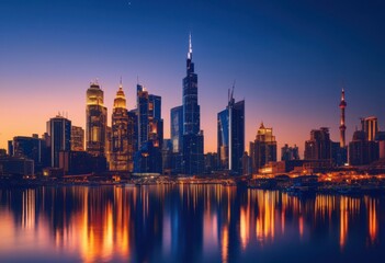 Obraz premium breathtaking urban skyline patterns captured dusk glowing lights unique architectural designs, architecture, buildings, city, horizon, evening, structure