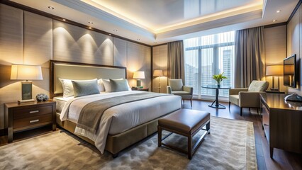 Fototapeta premium A tidy hotel room with freshly made bed, spotless floor, and organized furniture, cleaned to perfection with a hint of luxury and comfort.