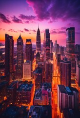 Obraz premium stunning vibrant city skylines framed twilight hues showcasing majestic architecture colorful atmospheres, colors, buildings, lights, urban, landscape