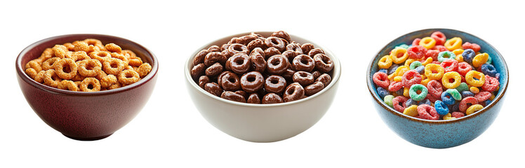 Assorted colorful breakfast cereals in bowls healthy breakfast options transparent background