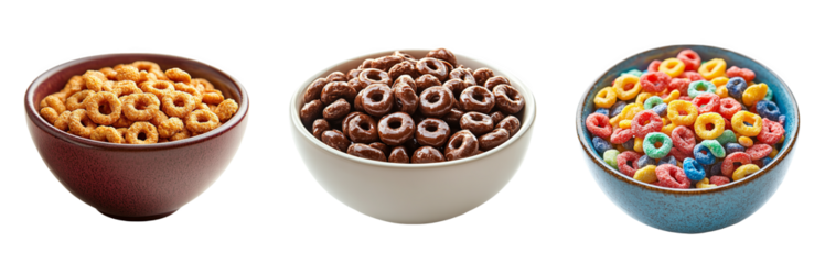 Assorted colorful breakfast cereals in bowls healthy breakfast options transparent background