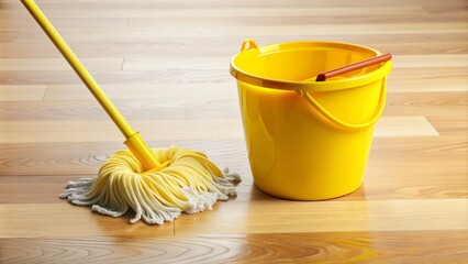 A yellow mop and bucket sit beside a newly cleaned floor, with a faint hint of a former spill area now sparkling clean and dry.