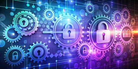 Obraz premium Abstract cyber security background with encrypted codes, keys, and gears blending into a blue-purple spectrum, representing protection of digital data and online privacy.