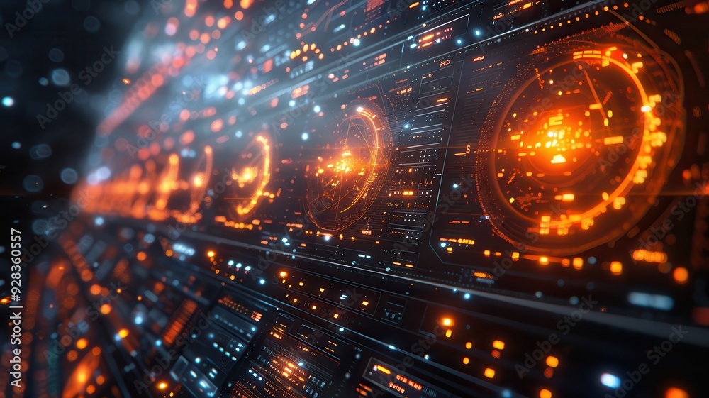 Wall mural futuristic digital interface with glowing orange elements, creating an immersive technological backg