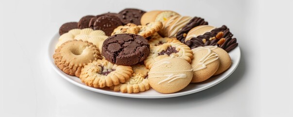 Plate of assorted cookies on white background, 4K hyperrealistic photo