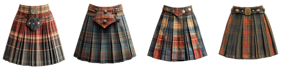 Traditional Scottish kilts set of four plaid wool skirts cultural attire transparent background