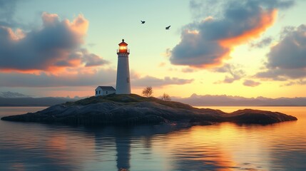A serene lighthouse on a rocky island during a colorful sunset over calm waters
