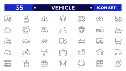 Vehicle outline icon set. Shipping And Courier icon. Containing order tracking, delivery home, warehouse, truck, scooter, courier Sea Air, Date, Return Search Parcel and cargo icons.