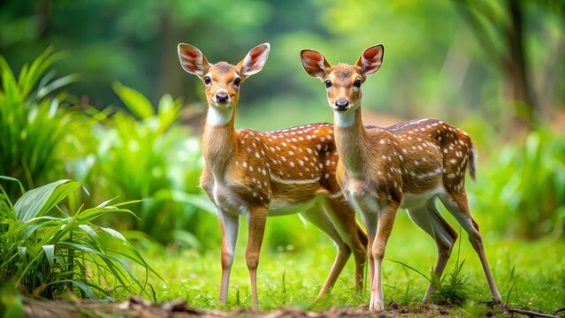 Adorable brown and white spotted chital deer fawns, native to Indian forests, frolic and play in their natural habitat, showcasing innocence and curiosity.