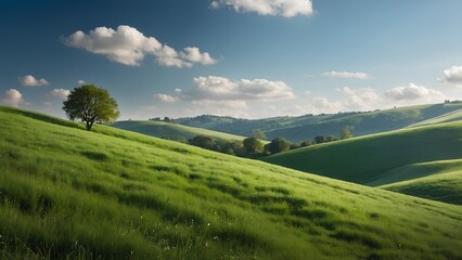 Fototapeta premium A tranquil green landscape with rolling hills, set beneath a bright blue sky and dotted with a few scattered clouds.