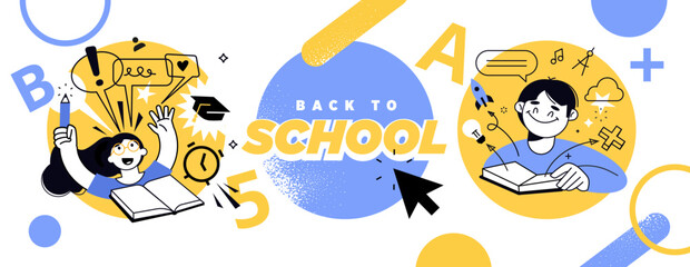 Back to school. Vector illustration banner of education, learning, back to school, online course and training, distance education and e-learning.