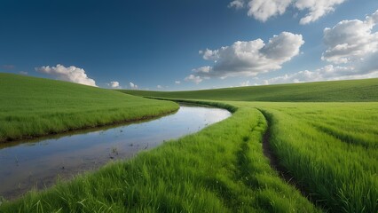 Fototapeta premium An idyllic green field, gently undulating under a clear blue sky with a few white clouds, evoking a sense of peace and openness.