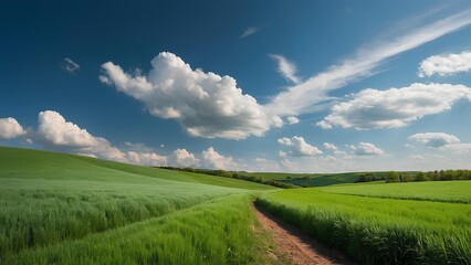 A picturesque scene with wavy green fields stretching to the horizon, under a bright blue sky with soft, billowing clouds.
