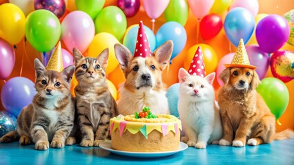 Adorable menagerie of colorful animals, including a cat, dog, and rabbit, gather around a decorated birthday cake with candles, surrounded by balloons and gifts.