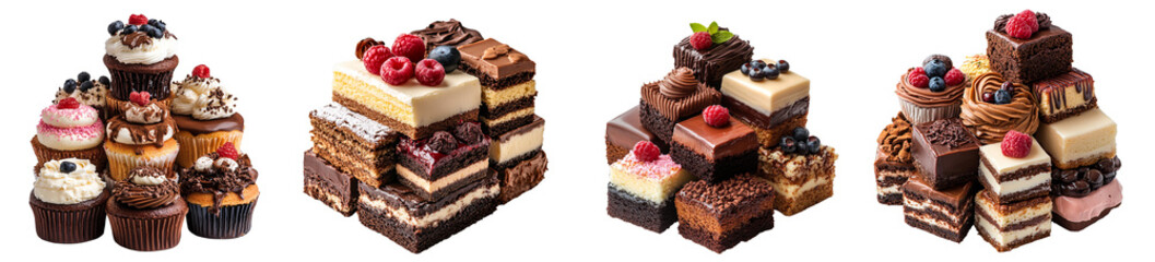 Assorted gourmet cupcakes decorated with frosting and toppings sweet dessert treats transparent background