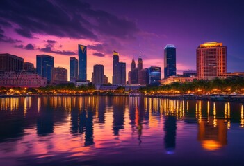 Fototapeta premium stunning vibrant city skyline dusk sparkling reflections water creating beautiful urban landscape, architecture, buildings, cityscape, waterfront, night
