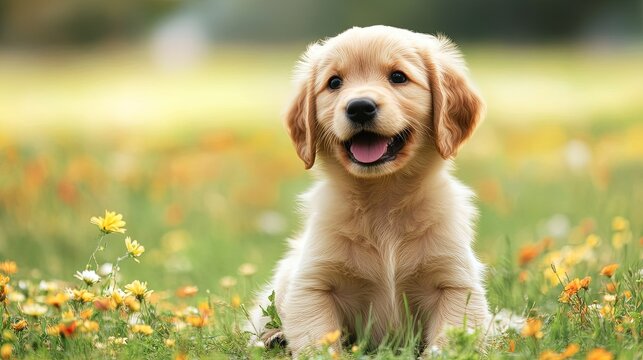 Adorable Golden Retriever Puppy in a Field of Flowers