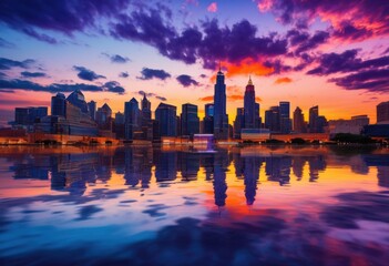 Obraz premium dynamic urban skyline dusk showcasing vivid hues blue vibrant cityscape, architecture, buildings, sunset, night, lights, reflections, silhouette, horizon