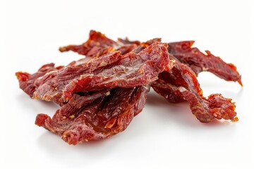 Dehydrated chicken jerky on white background
