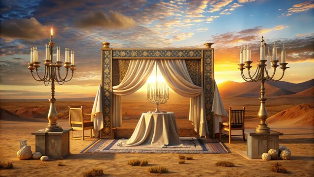 Ancient biblical tent of worship with ornate furnishings, menorah, and veil, symbolizing sacred meeting place between God and Israelites in the desert wilderness.