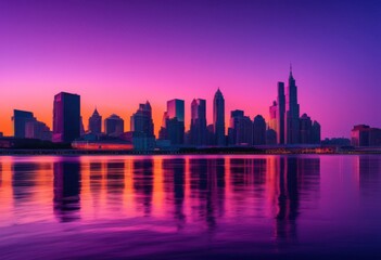 vibrant city skyline dusk showcasing stunning reflections water surfaces illuminated buildings colorful lights, urban, architecture, evening, horizon