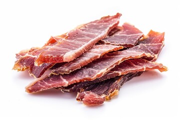 Fototapeta premium Dehydrated turkey fillet slices jerky on white background