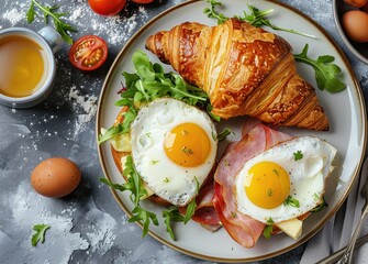 Delicious breakfast of fried eggs croissant ham cheese and salad from top view