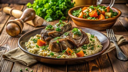 Braised veal shanks with white wine, vegetables, and gremolata, served with risotto and fresh parsley, on a rustic wooden table, warm lighting.