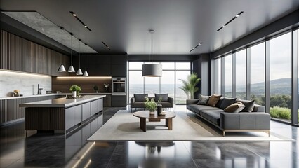 Fototapeta premium minimalist monochromatic interiors sleek lines angular shadows vast open spaces sparse decor high contrast bold black and white dramatic mood