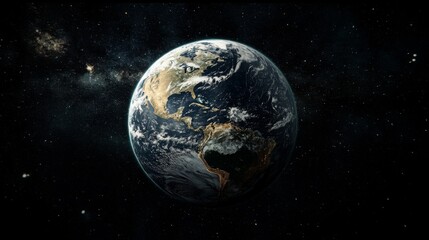 Naklejka premium A stunning image of planet Earth from space, with a deep blue ocean, white clouds, and a dark starry background.