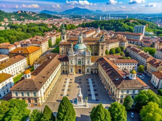 Fototapeta premium Bright summer day aerial view of University of Turin's historic Campus Luigi Einaudi, surrounded by majestic Baroque architecture in the heart of Turin, Italy.