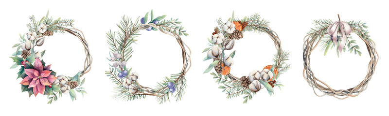 Obraz premium Watercolor set of Christmas wreathes. Spruce branches, pine needles. Hand painted holiday symbols isolated on white background. Seasonal trendy illustration for design or print.